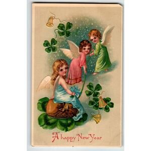 New Year Postcard Cherub Angels Fantasy Clovers Bells BW Series 301 Germany